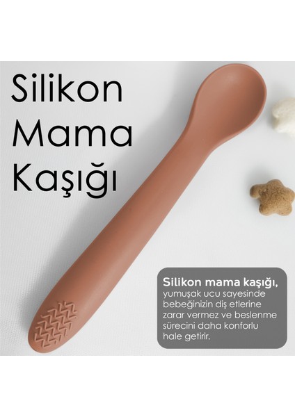 2'li Bebek Beslenme Seti - Vakumlu Silikon Kapaklı Mama Kasesi - Diş Kaşıyıcı Mama Kaşığı - Kahve modelleri