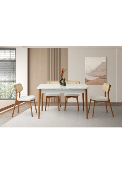 Ahşap Salon Yemek Masa Sandalye Takımı 4 Paris Sandalyeli Ortadan Açılır Büyüyen Beyaz 90 x 160 cm