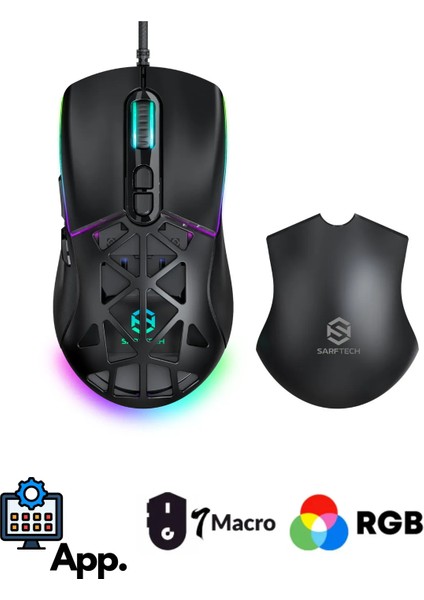 Rgb 7 Tuşlu 12.800DPI Makrolu Yazılım App Destekli Değiştirilebilir Başlıklı Gaming Oyuncu Mouse