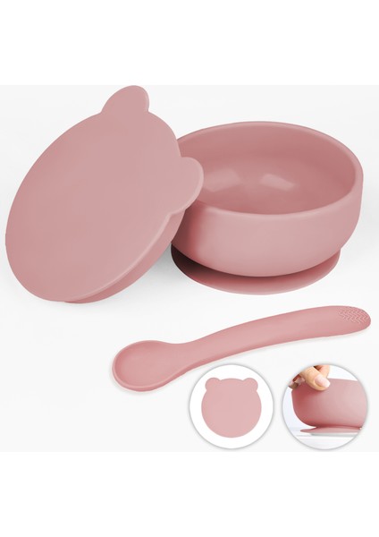 2'li Bebek Beslenme Seti - Vakumlu Silikon Kapaklı Mama Kasesi - Diş Kaşıyıcı Mama Kaşığı - Pembe