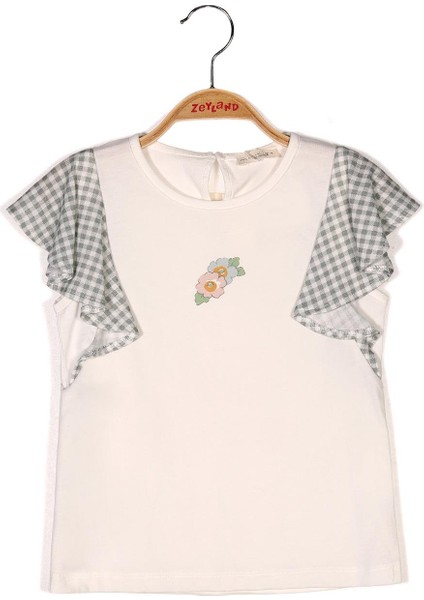Kız Çocuk Ekru Kolları Volan Detaylı T-Shirt