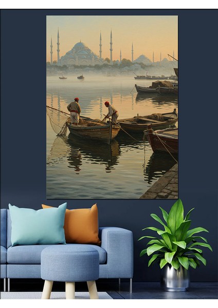 Osmanlı Balıkçılarla Sessiz Sabah Sefası Dekoratif Kanvas - Mdf Ahşap Tablo
