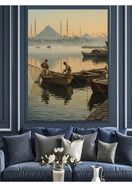 Osmanlı Balıkçılarla Sessiz Sabah Sefası Dekoratif Kanvas - Mdf Ahşap Tablo modelleri