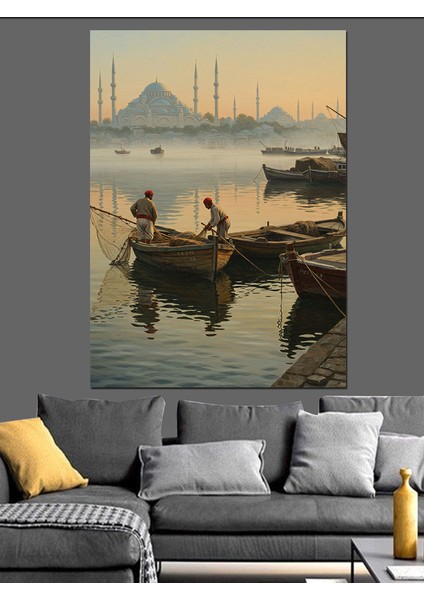 Osmanlı Balıkçılarla Sessiz Sabah Sefası Dekoratif Kanvas - Mdf Ahşap Tablo fırsatları