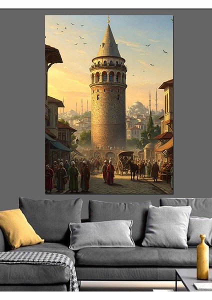 Osmanlı Galata’nın Altında Kalabalık Gün Dekoratif Kanvas - Mdf Ahşap Tablo