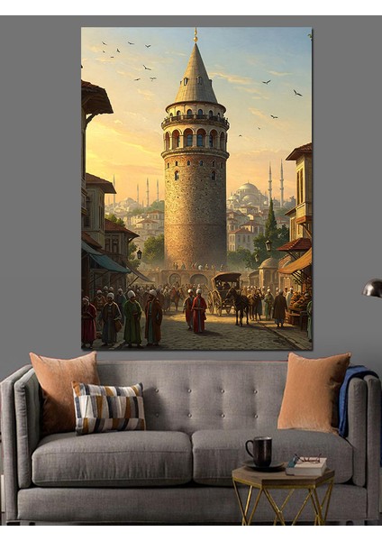 Osmanlı Galata’nın Altında Kalabalık Gün Dekoratif Kanvas - Mdf Ahşap Tablo fiyatları