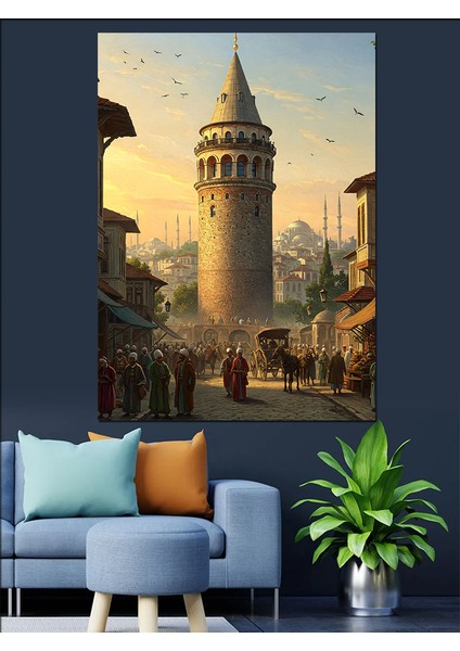 Osmanlı Galata’nın Altında Kalabalık Gün Dekoratif Kanvas - Mdf Ahşap Tablo modelleri