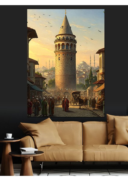 Osmanlı Galata’nın Altında Kalabalık Gün Dekoratif Kanvas - Mdf Ahşap Tablo fırsatları