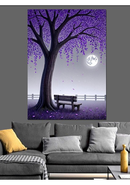 Mor Ağacın Altında Bekleyiş Dekoratif Kanvas - Mdf Ahşap Tablo
