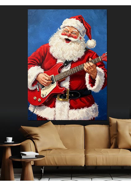 Gitar Çalan Neşeli Noel Baba Dekoratif Kanvas - Mdf Ahşap Tablo