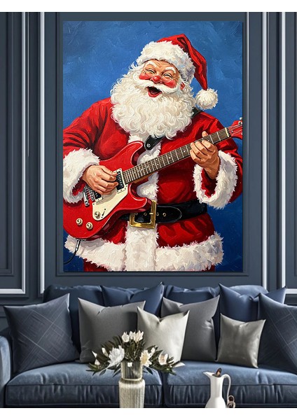 Gitar Çalan Neşeli Noel Baba Dekoratif Kanvas - Mdf Ahşap Tablo