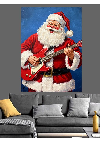 Gitar Çalan Neşeli Noel Baba Dekoratif Kanvas - Mdf Ahşap Tablo