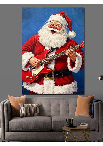 Gitar Çalan Neşeli Noel Baba Dekoratif Kanvas - Mdf Ahşap Tablo