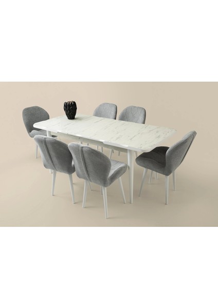 Ahşap Salon Yemek Masa Sandalye Takımı 6 Porto Sandalyeli Ortadan Açılır Büyüyen 90 x 160 cm Mermer Desen
