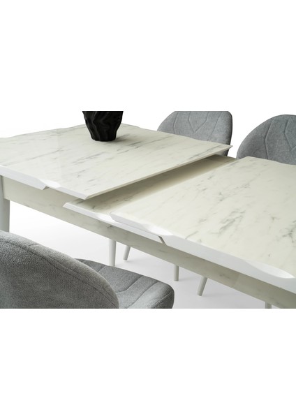 Ahşap Salon Yemek Masa Sandalye Takımı 6 Porto Sandalyeli Ortadan Açılır Büyüyen 90 x 160 cm Mermer Desen