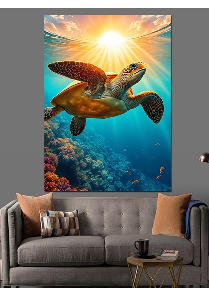 Güneş Altında Neşeli Kaplumbağa Dekoratif Kanvas - Mdf Ahşap Tablo