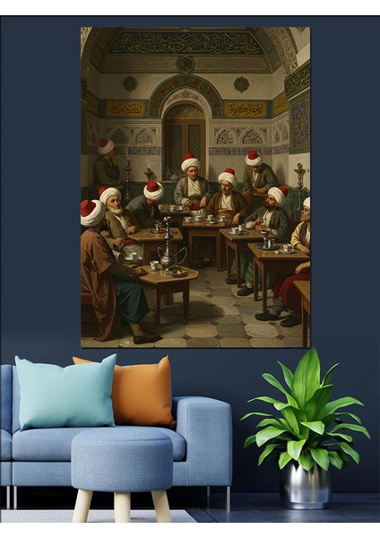 Osmanlı Kıraathanede Derin Çay Muhabbeti Dekoratif Kanvas - Mdf Ahşap Tablo fiyatları