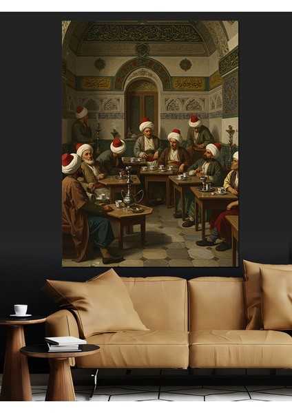 Osmanlı Kıraathanede Derin Çay Muhabbeti Dekoratif Kanvas - Mdf Ahşap Tablo modelleri