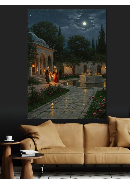 Osmanlı Ay Işığında Huzurlu Avlu Dekoratif Kanvas - Mdf Ahşap Tablo