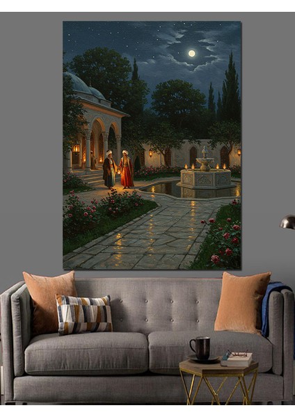 Osmanlı Ay Işığında Huzurlu Avlu Dekoratif Kanvas - Mdf Ahşap Tablo fırsatları