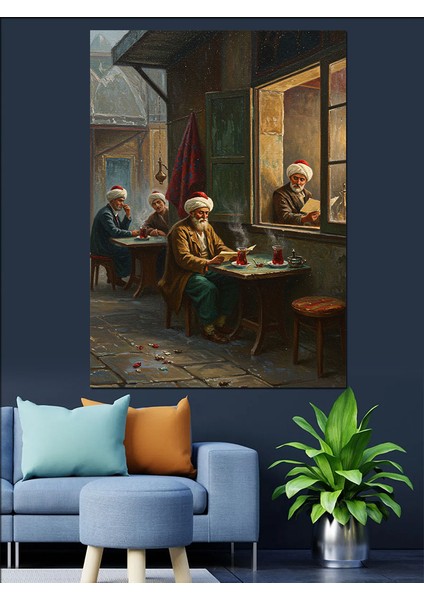Osmanlı Kahvede Derin Sohbet Keyfi Dekoratif Kanvas - Mdf Ahşap Tablo modelleri