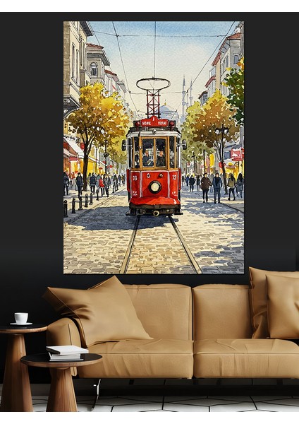 Nostaljik Tramvayla Şehir Turu Dekoratif Kanvas - Mdf Ahşap Tablo fırsatları