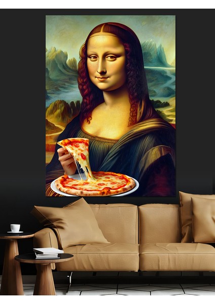 Pizza Yiyen Mona Lisa Dekoratif Kanvas - Mdf Ahşap Tablo