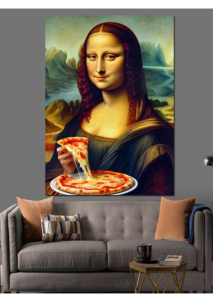Pizza Yiyen Mona Lisa Dekoratif Kanvas - Mdf Ahşap Tablo fırsatları