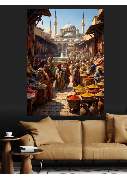 Osmanlı Tarihi Pazarda Günlük Koşuşturma Dekoratif Kanvas - Mdf Ahşap Tablo