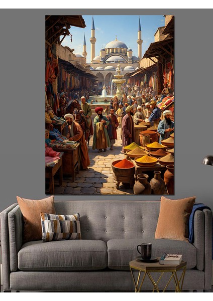 Osmanlı Tarihi Pazarda Günlük Koşuşturma Dekoratif Kanvas - Mdf Ahşap Tablo fırsatları