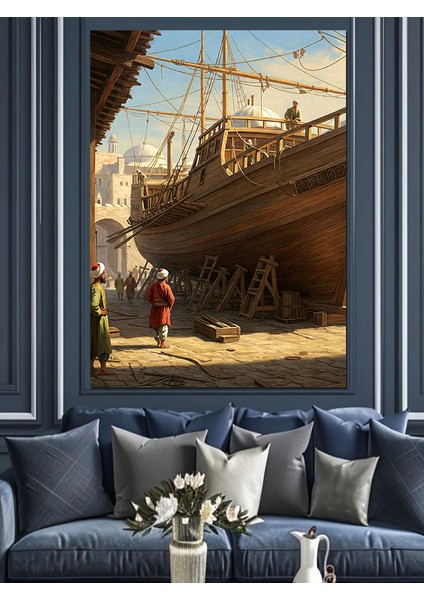 Osmanlı Tersanede Geminin Son Hazırlığı Dekoratif Kanvas - Mdf Ahşap Tablo fırsatları