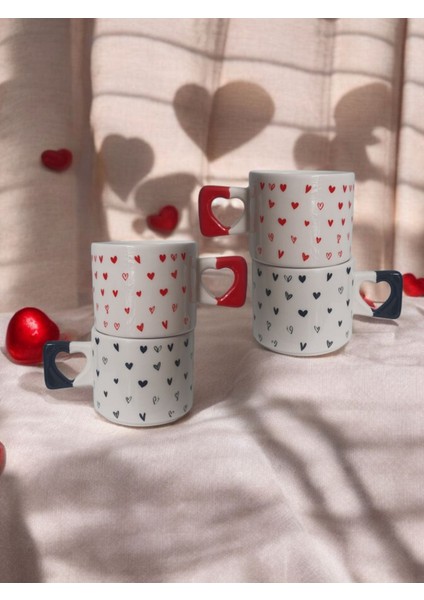 4'lü Siyah Kırmızı Minik Kalpler Çizimli El Yapımı Doğal Seramik Kalp Kupa / Mug - Çay & Kahve Fincanı