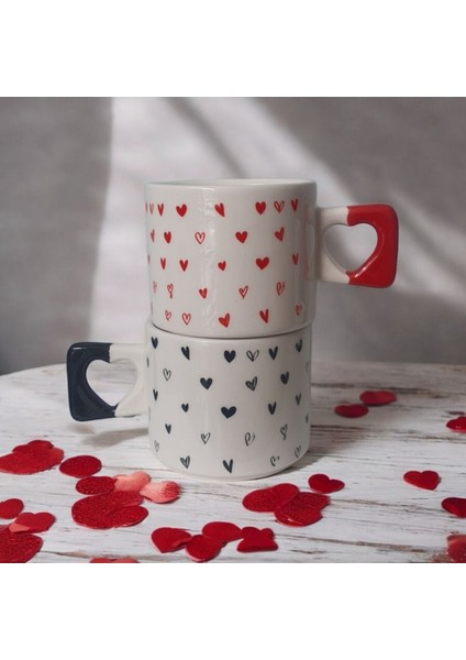 4'lü Siyah Kırmızı Minik Kalpler Çizimli El Yapımı Doğal Seramik Kalp Kupa / Mug - Çay & Kahve Fincanı