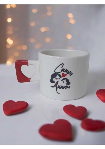 Canım Annem Yazılı Anne Kız Figürlü El Yapımı Seramik Kırmızı Kalp Kupa Mug Bardak Çay / Kahve Fincanı