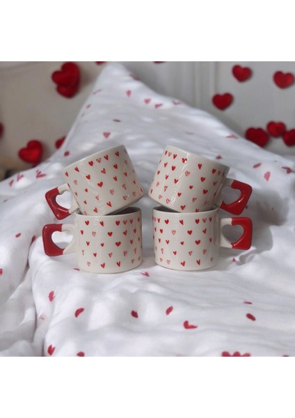 4'lü Kırmızı Minik Kalpler Çizimli El Yapımı Doğal Seramik Kalp Kupa / Mug - Çay & Kahve Fincanı