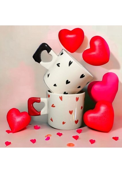 2'li Siyah & Kırmızı Minimalist Kalp Baskılı Kupa / Mug Set