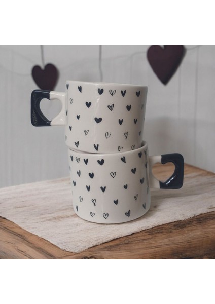 2'li Siyah Minik Kalpler Çizimli El Yapımı Doğal Seramik Kalp Kupa Bardak / Mug - Çay & Kahve Fincanı