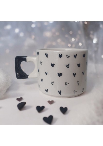 2'li Siyah Minik Kalpler Çizimli El Yapımı Doğal Seramik Kalp Kupa Bardak / Mug - Çay & Kahve Fincanı