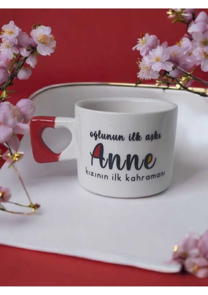 Anneye Hediye El Yapımı Seramik Kırmızı Kalp Kupa Mug Bardak Çay / Kahve Fincanı