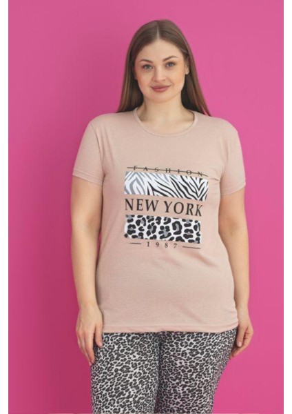 X-Dreamy Büyük Beden Pamuklu Leopar Desenli Kısa Kollu Pijama Takımı modelleri