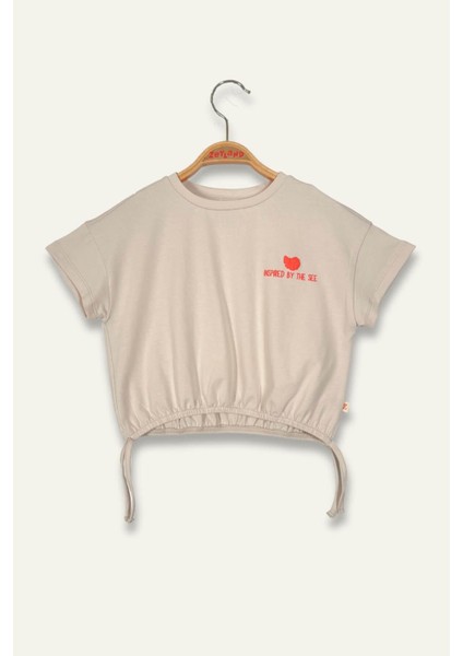 Kız Çocuk Hawai Baskılı Crop T-Shirt - Taş Rengi
