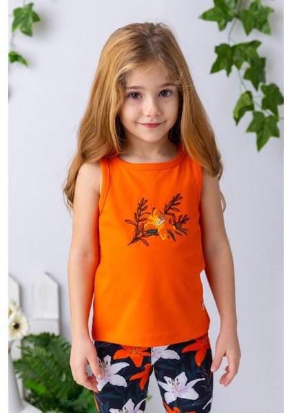 Kız Çocuk Çiçek Nakışlı Atlet - Oranj