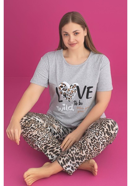 X-Dreamy Büyük Beden Pamuklu Leopar Desenli Kısa Kollu Pijama Takımı