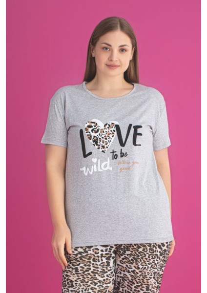 X-Dreamy Büyük Beden Pamuklu Leopar Desenli Kısa Kollu Pijama Takımı