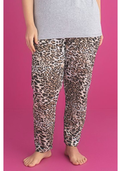X-Dreamy Büyük Beden Pamuklu Leopar Desenli Kısa Kollu Pijama Takımı