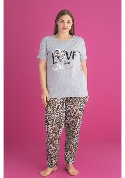X-Dreamy Büyük Beden Pamuklu Leopar Desenli Kısa Kollu Pijama Takımı