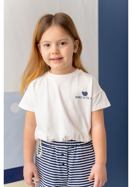 Kız Çocuk Hawai Baskılı Crop T-Shirt - Ekru