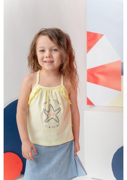 Kız Çocuk Paradıse Baskılı Askılı T-Shirt - Sarı