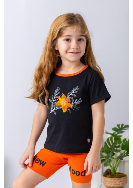 Kız Çocuk Çiçek Nakışlı T-Shirt - Siyah