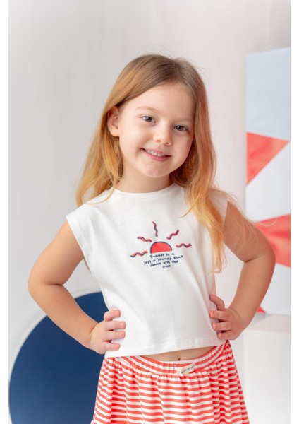 Kız Çocuk Hawaı Baskılı Kolsuz T-Shirt - Ekru